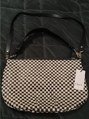 Clare V Black and White Checkerboard Leather Shoulder Bag with Gold Hardware